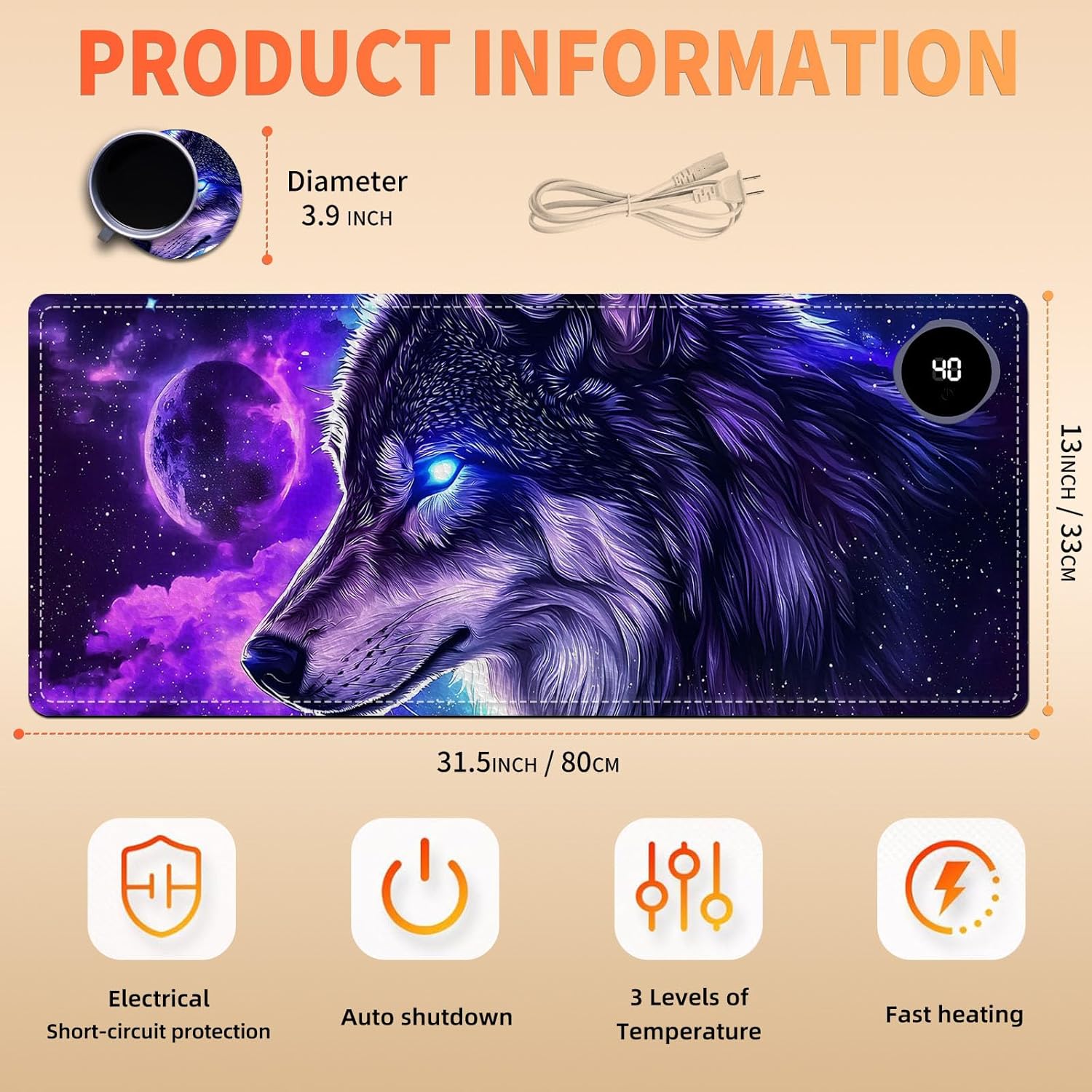 Heated Mouse Pad, Warm Desk Pad, Keyboard Mat 31.5 x 13 Inch Large Size Intelligent Fast Heating, 3 Speed Adjustable, Timed Auto Power Off for Game Office Home,Galaxy Wolf