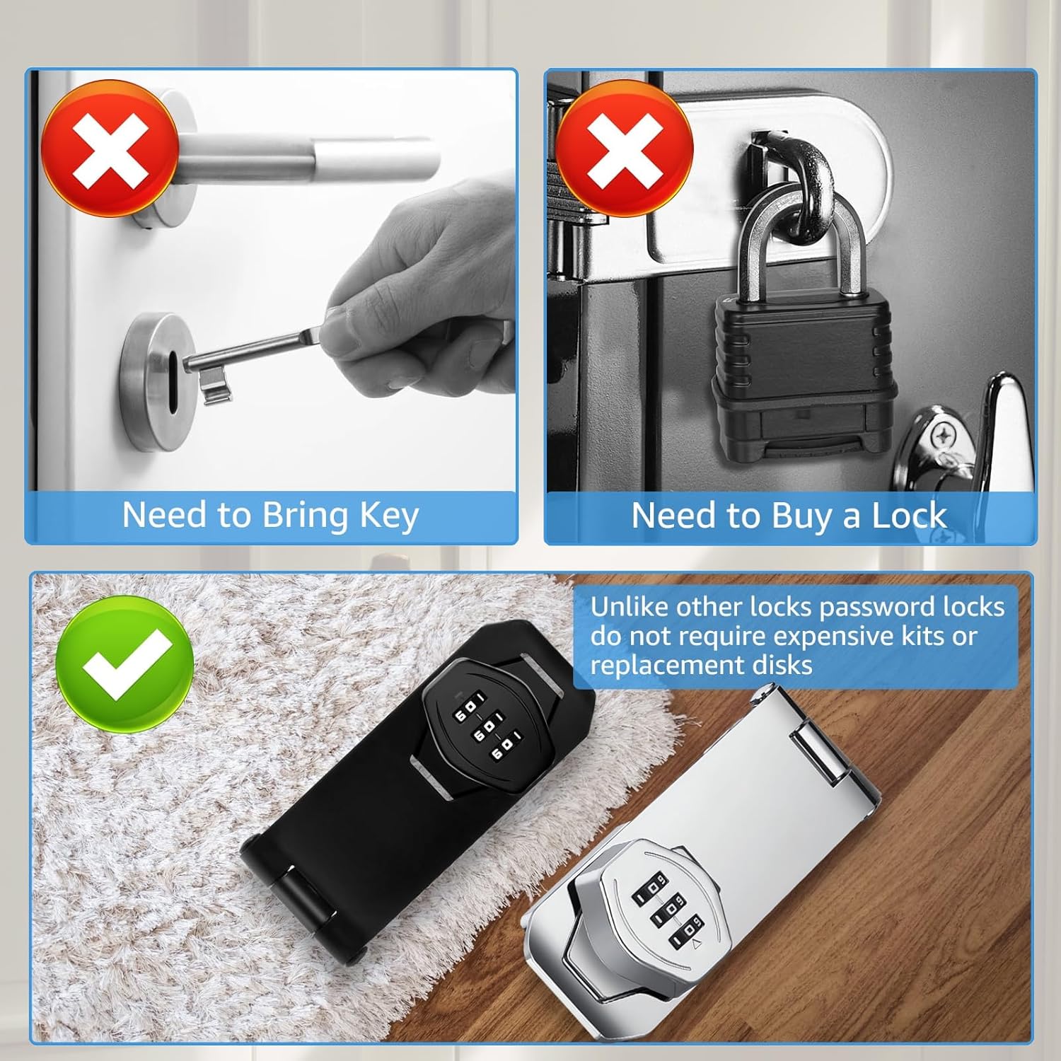 Mechanical Password Rotary Hasp Locks, 3 Digit Keyless Combination Lock for Cabinet Doors, Door Security Slide Latch Lock for Cabinets, Gate Locks for Barn Door, Bathroom, Outdoor