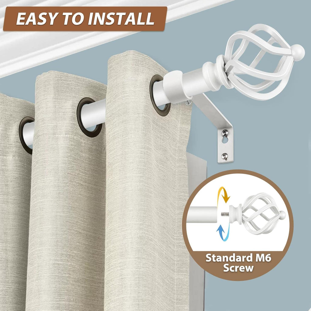 KAMANINA Curtain Rods for Windows 66 to 120 Inch, 3/4 Inch White Curtain Rod 32 to 115 Inches (2.6-9.6ft) Splicing Adjustable Single Drapery Rod with Twisted Cage Finial