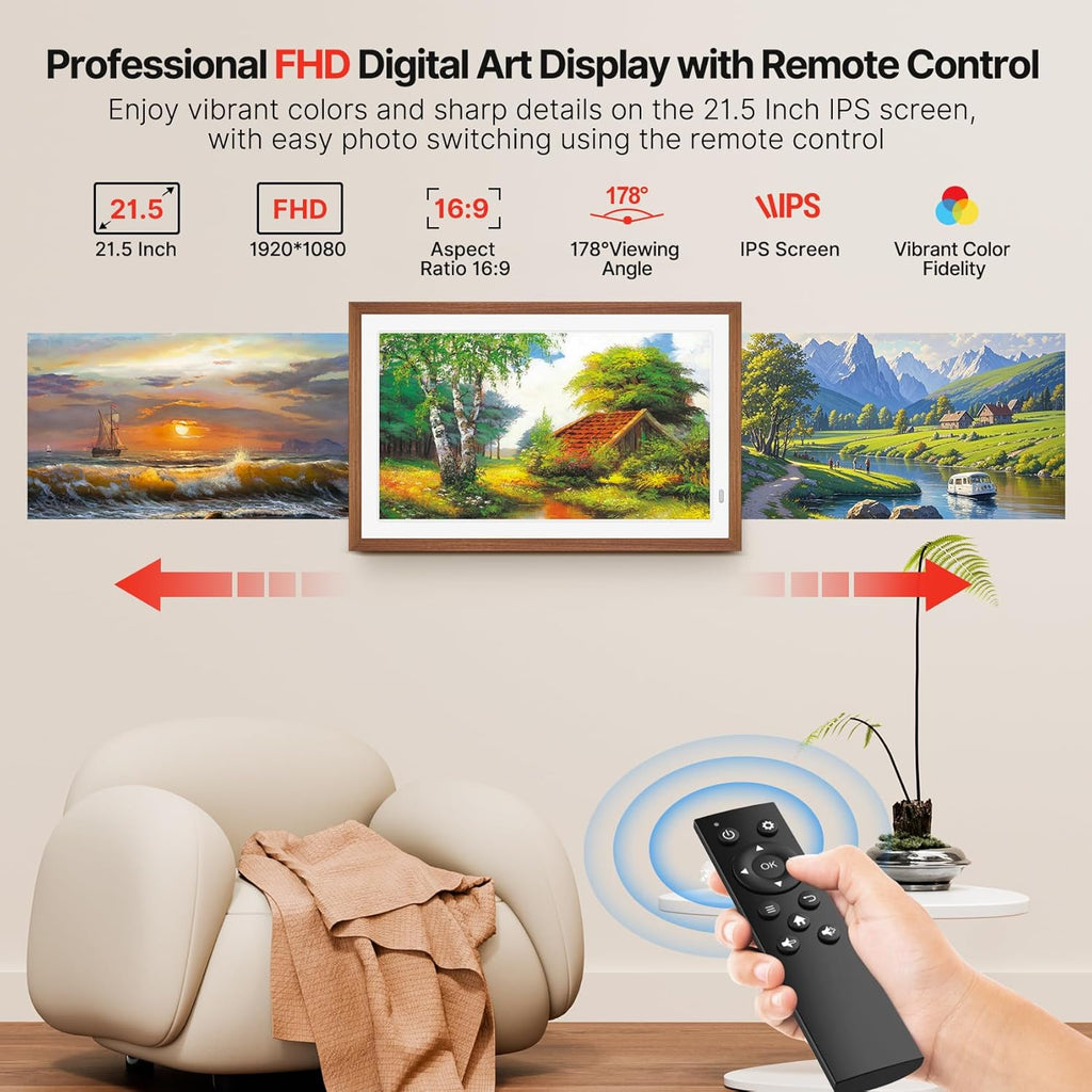 Uhale 21.5" Large Digital Picture Frame WiFi Wood with Remote Control, 1920 x 1080 FHD IPS No Touch Screen Electronic Photo Frames Wall Mount with 64GB, Support SD USB, Share Photos Videos Instantly