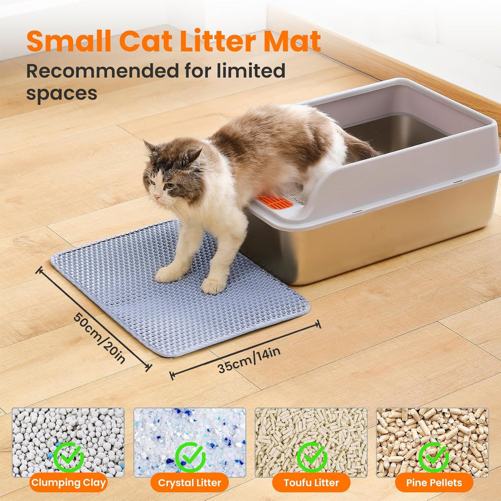 Small Cat Litter Mat, 20x14’’ Double Layer Honeycomb Cat Litter Box Mat, Non Slip Waterproof Urine Proof Litter Trapping Mat for Floor, Kitty Litter Pad, Indoor Pet Supplies, Blue