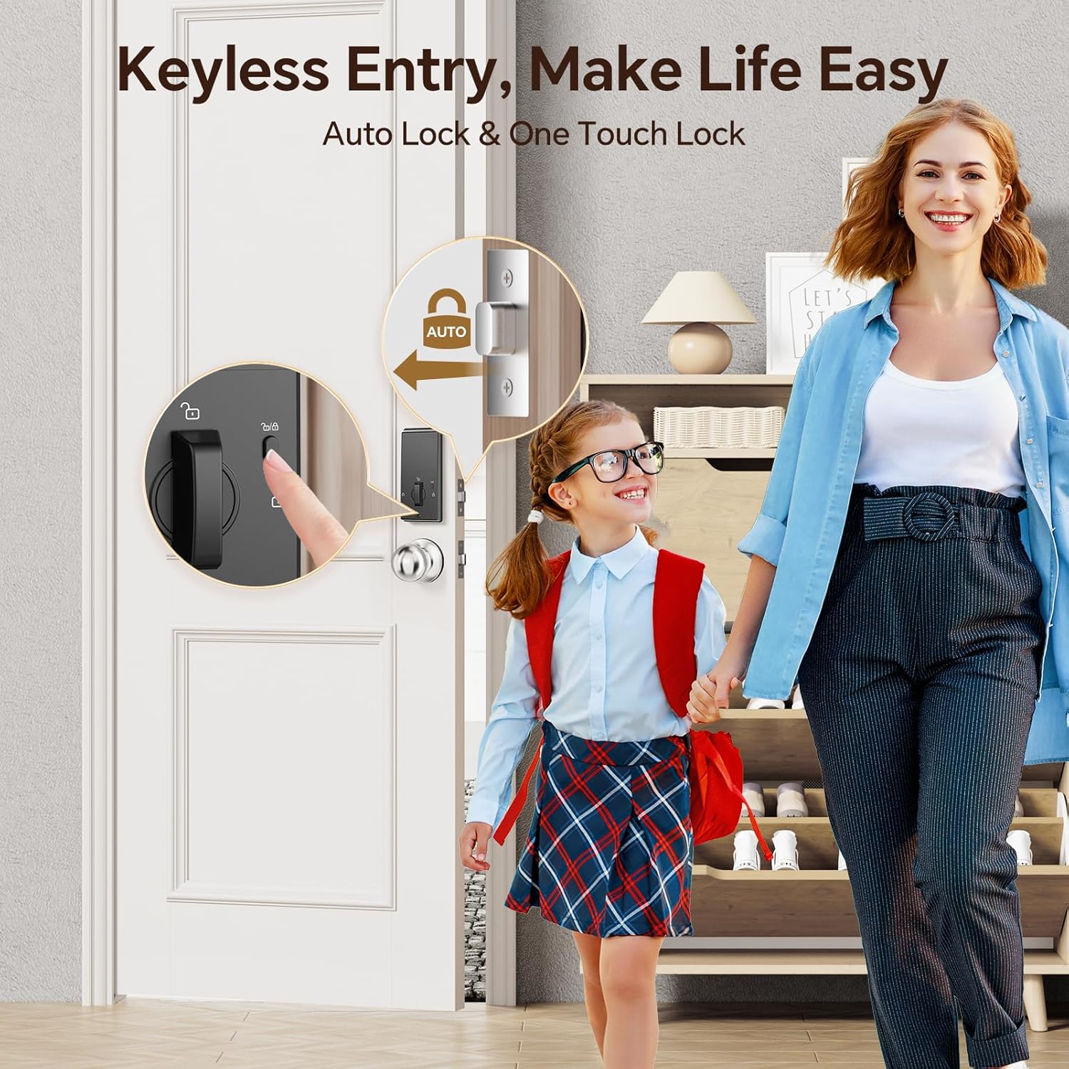 Keyless Entry Door Lock with 2 Knobs App Control Smart Locks for Front Door WiFi Door Lock Set Automatic Lock One Time Password Anti Peeping Password IP54, Satin Nickel