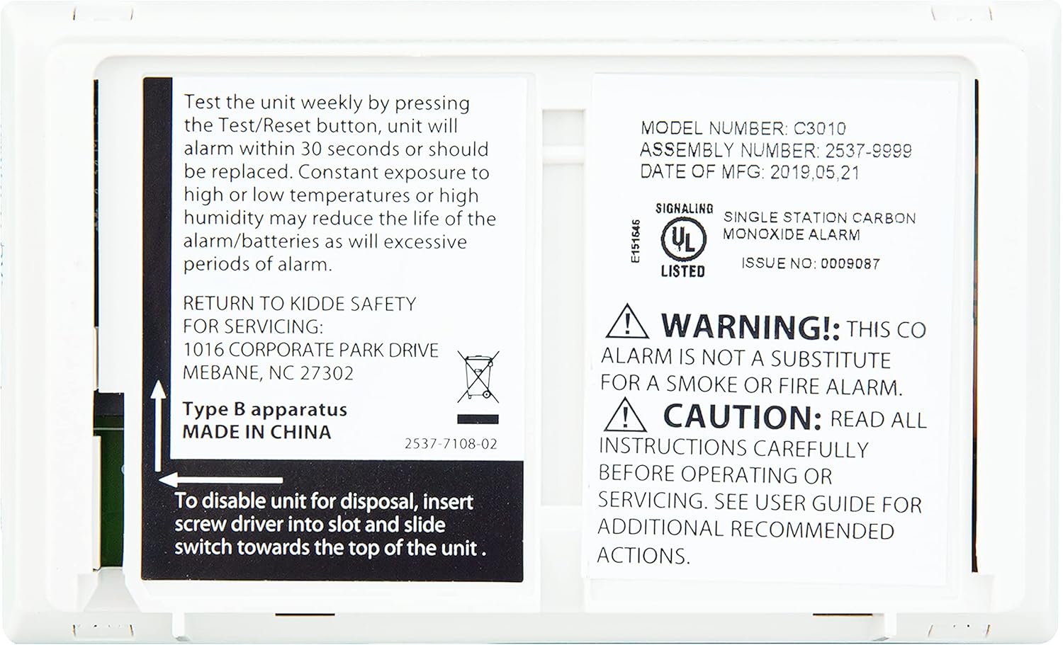 Kidde Carbon Monoxide Detector with 10-Year Battery, 3 LEDs, Replacement Indicator, Test-Reset Button