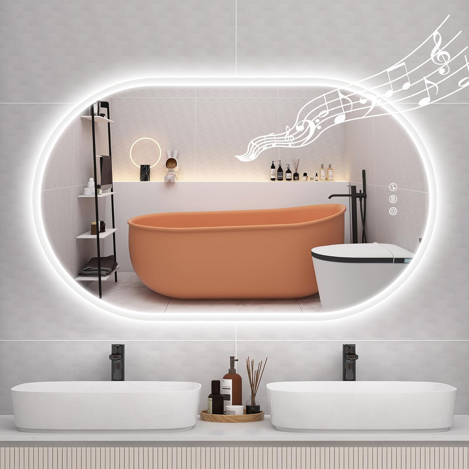 STARLEAD 40"x24" LED-Bathroom-Mirror-with-Lights, Wall-Mounted with Bluetooth Speaker, Anti-Fog, 3 Color Temperature, Dimmable Brightness, Waterproof, Tempered Glass, Frontlit & Backlit, Oval