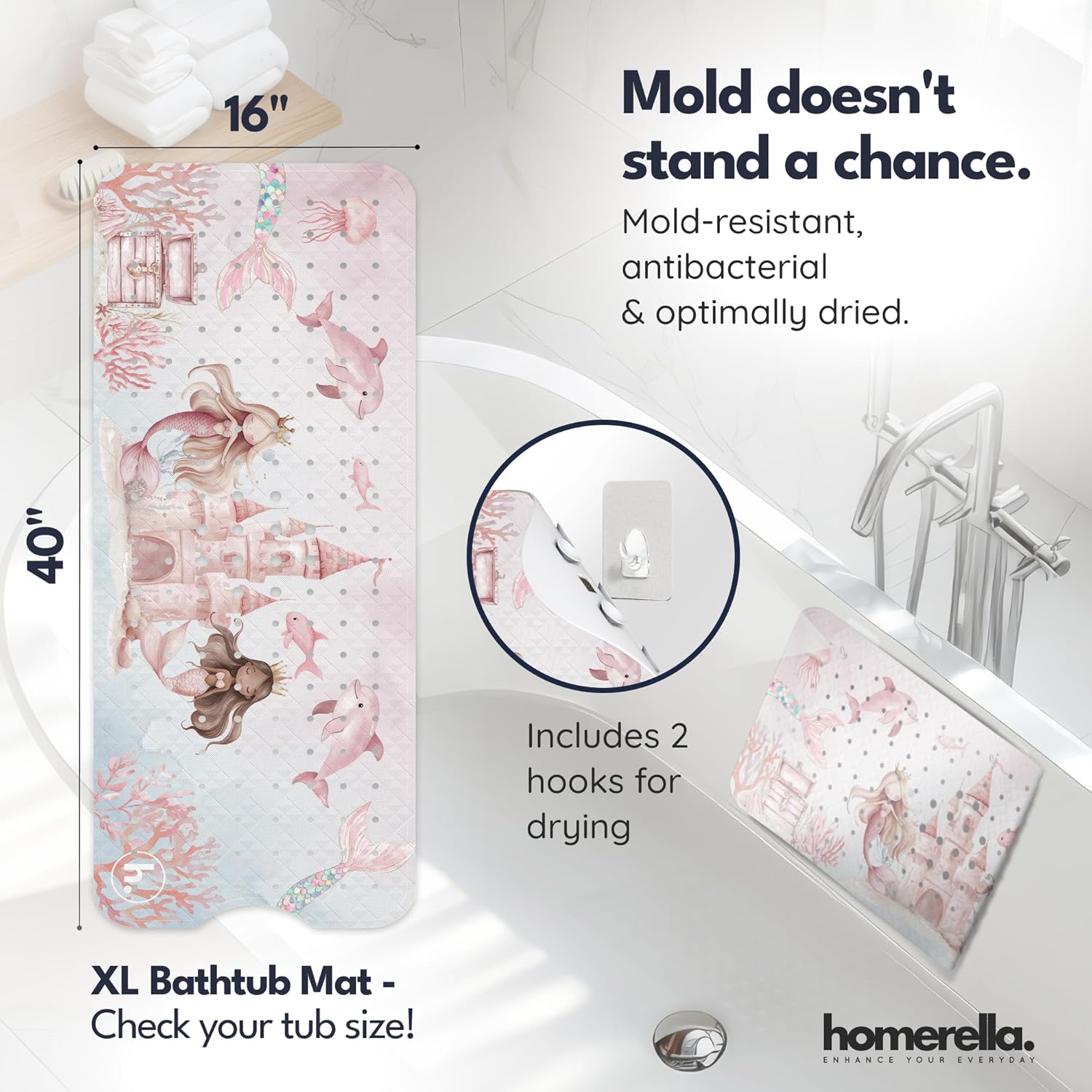 Bath Tub Mat Non Slip Anti Mold for Kids BPA Free INCL Hooks - homerella® Ocean Sea Animals 40x16, Baby Bath Mat Non Slip 200 Suction Cups, Non Toxic Machine Washable Toddler Bath Mat, EU Certified