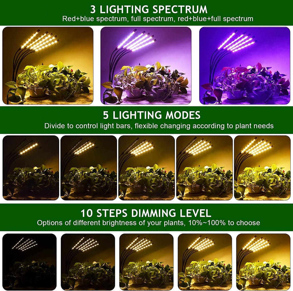 Grow Lights for Indoor Plants,5 Heads Red Blue White Full Spectrum Plant Light with 15-60" Adjustable Tripod Stand, Indoor Grow Lamp with Remote Control and Auto On/Off Timer Function