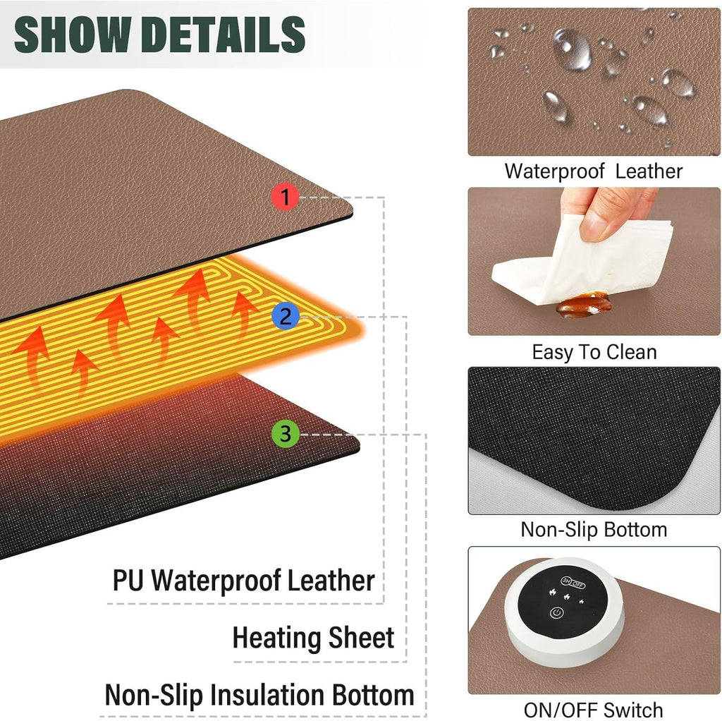 Brown Heated Desk Pad Mouse Pad 31.5x13 Inch PU Leather Desk Mat with 3 Heat Levels Large Mouse Gaming Computer Laptop Mat