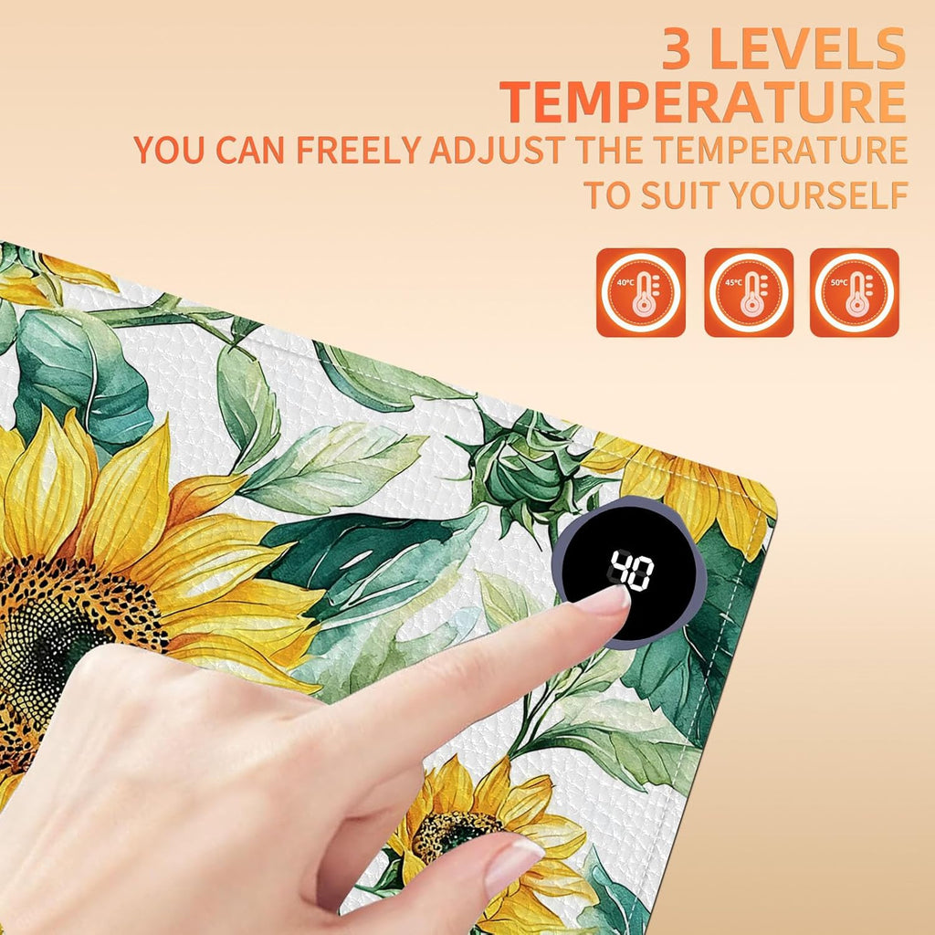 Heated Mouse Pad, Warm Desk Pad, Keyboard Mat 23.6 x 14 Inch Large Size Intelligent Fast Heating, 3 Speed Adjustable, Timed Auto Power Off for Game Office Home, Blooming Sunflowers