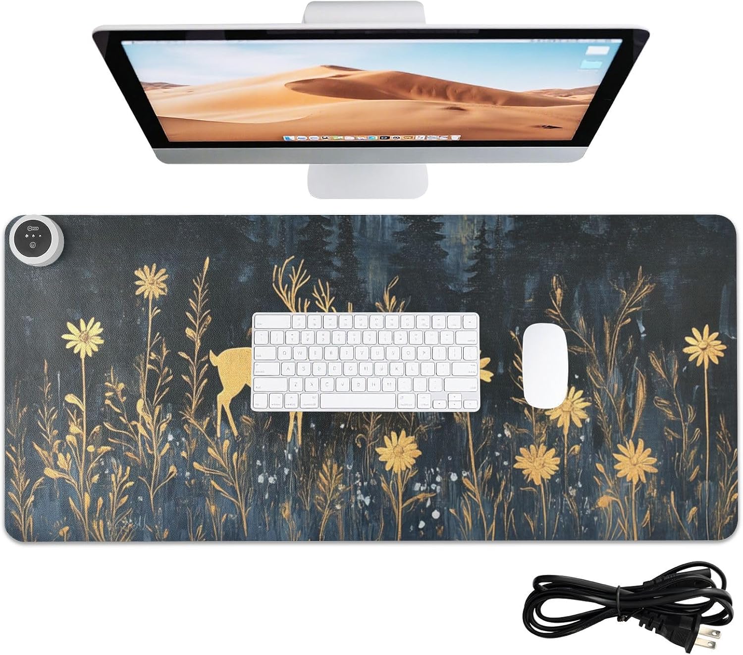 Heated Desk Pad Mouse Pad 31.5x13 Inch PU Leather Desk Mat with 3 Heat Levels Large Mouse Gaming Computer Laptop Mat Deer Blue Hat Flowers Black