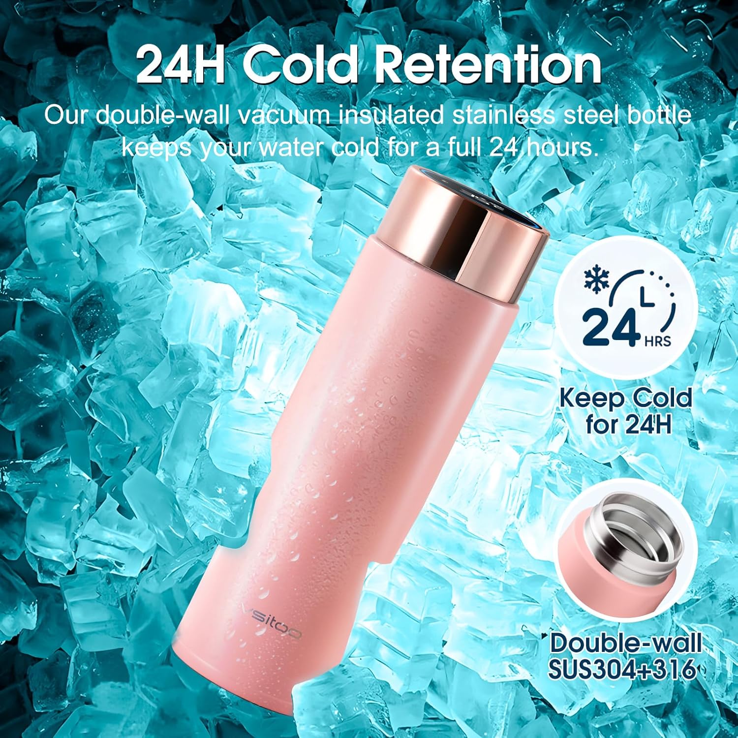 Vsitoo Smart self cleaning Insulated Water Bottle, 15oz Stainless Steel Vacuum Flask, AI Self-Clean, 30-Day Battery Life, BPA-Free, Magnetic Charging, Portable Travel Mug Gifts for Men Women, Pink