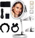 Smart 9" LED Light Makeup Mirror, Rechargeable, 1X/10X Magnifying Vanity Mirror with 3 Color Lights, Height Adjustable, Large Tall 360° Swivel Double Sided Standing Travel Mirror (Chrome)