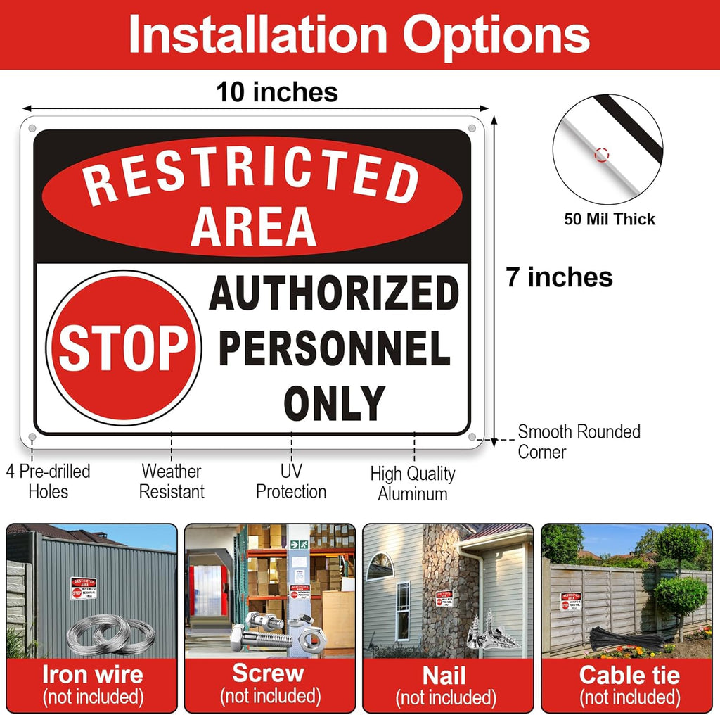 (2 Pack) Restricted Area Sign, Authorized Personnel Only Do Not Enter signs, 10 x 7 Inches Aluminum UV Protected Weatherproof and Easy to Install