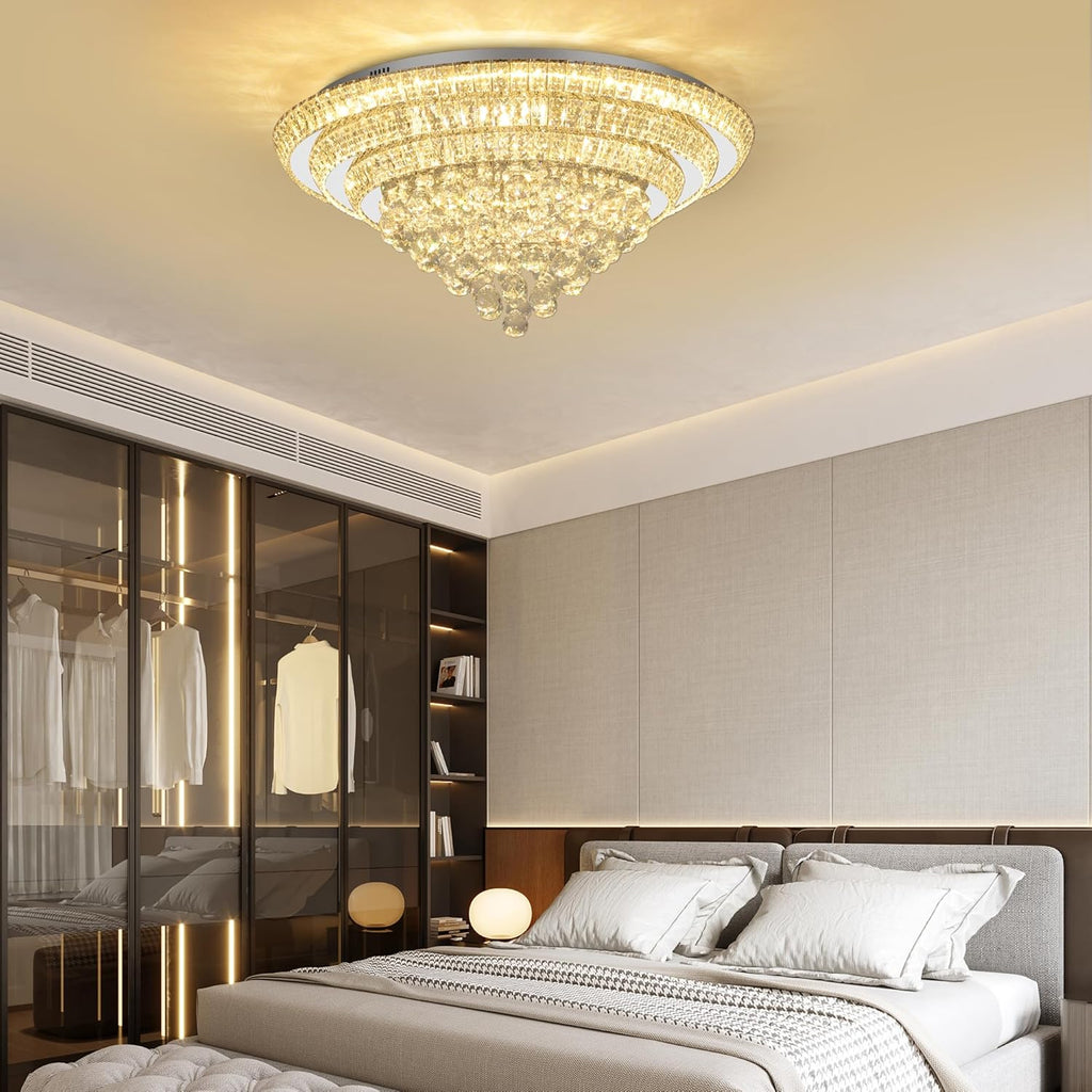 Elegant LED Crystal Raindrop Ceiling Light, 30" Flush Mount Chandelier Light Fixture with Remote Control for Living Room Kitchen Island Bedroom Hallway Entryway Foyer(Dimmable)