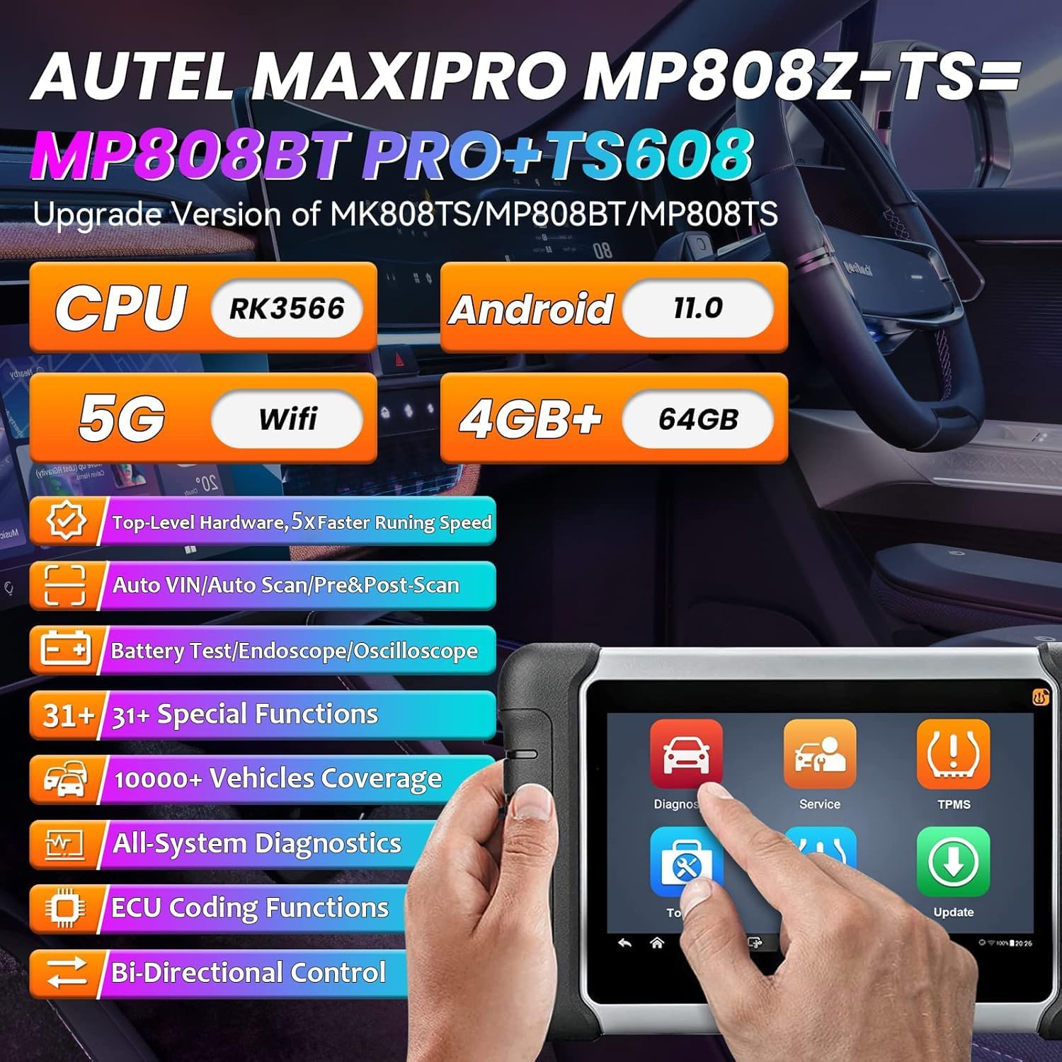Autel Scanner MaxiPro MP808Z-TS+MV108S with 2 Year Updates: Upgrade Version of MK900BT & MP808BT Bidirectional Scan Tool, ECU Coding Same As MP900BT/MP900-TS, Full System Diagnostic Tool