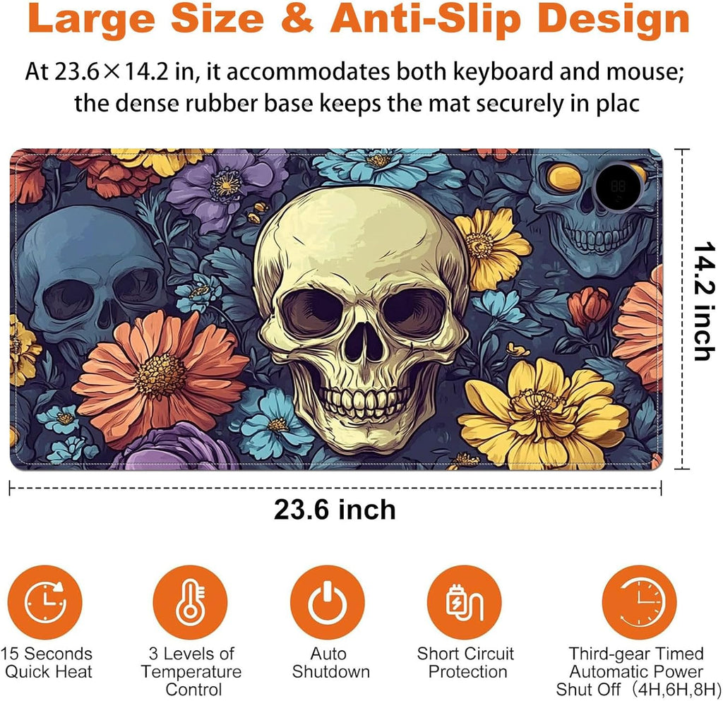 Small Heated Desk Pad 23.6" x 14.2" – Compact Electric Mouse Pad with 3 Heating Levels, Auto Shut-Off, Waterproof PU Surface, Plug-in Warmer for Office or Home Use, Floral Skull