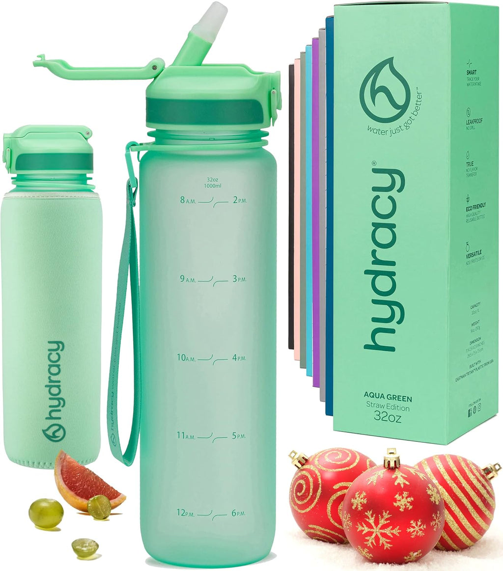 Hydracy Water Bottle with Time Marker -Large BPA Free Water Bottle & No Sweat Sleeve -Leak Proof Gym Bottle with Fruit Infuser Strainer & Times to Drink -Ideal for Fitness Sports & Outdoors