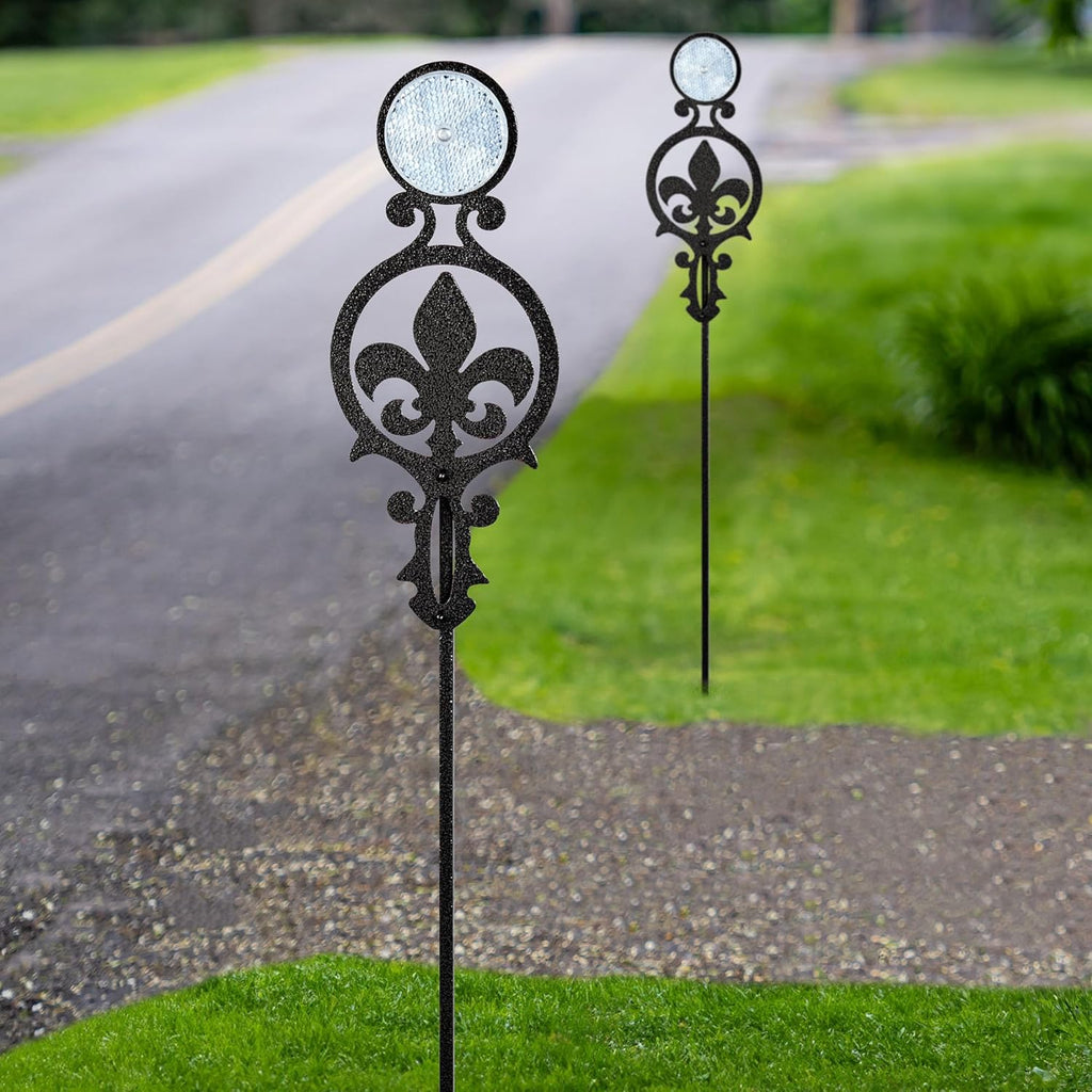 Touch of Class Pathways Reflective Driveway Marker Stake Set of Two for Outdoor Use | Fleur-de-Lis Emblem Design | Personalized Tall Reflector Set of 2 | Black Durable Finish