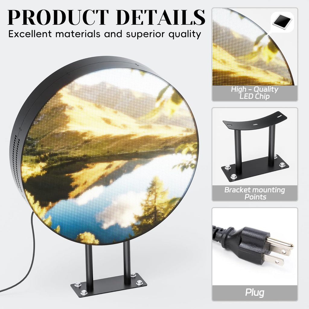 P2.5 Outdoor Round LED Store Sign Programmable, Wall Mount Single-Sided Full Color Custom Logo Signs Digital Display, Scrolling Text, Image, Video Signage Board for Business Restaurant 20"