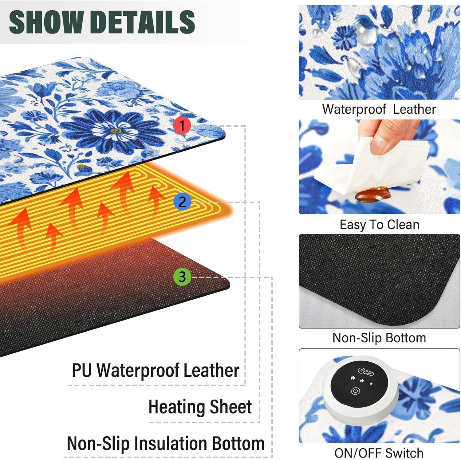 Heated Desk Pad Mouse Pad 31.5x13 Inch PU Leather Desk Mat with 3 Heat Levels Large Mouse Gaming Computer Laptop Mat Flower Blue and White Daisy Leaf