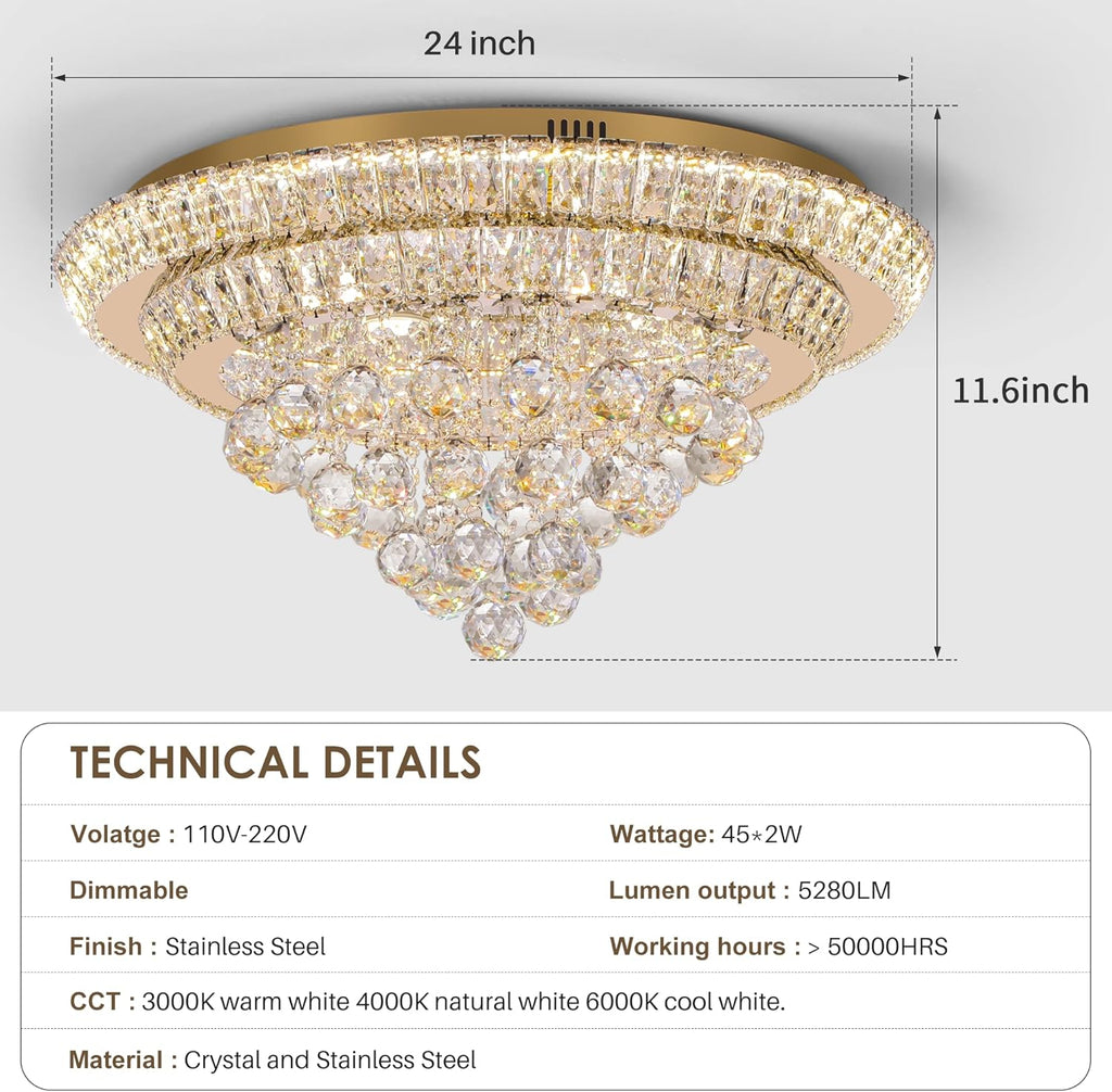 Large LED Crystal Raindrop Ceiling Light,Rose Gold, 24" Elegant Semi Flush Mount Chandelier Light Fixture with Remote Control for Living Room Kitchen Bedroom Hallway Entryway Foyer(Dimmable)
