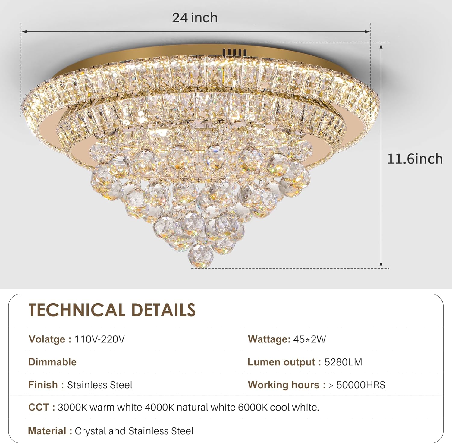 Large LED Crystal Raindrop Ceiling Light,Rose Gold, 24" Elegant Semi Flush Mount Chandelier Light Fixture with Remote Control for Living Room Kitchen Bedroom Hallway Entryway Foyer(Dimmable)