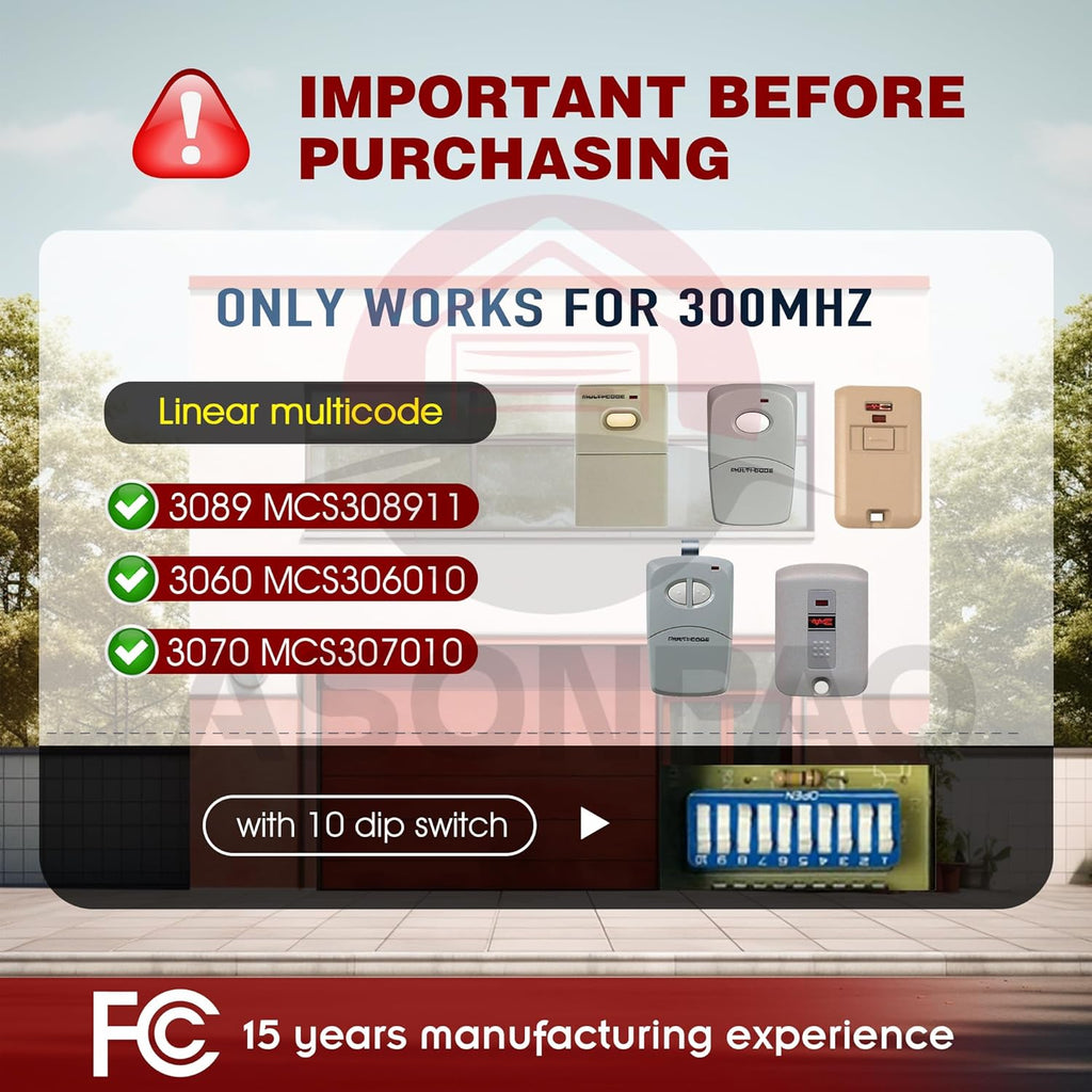 3X Multi-Code 3089 MultiCode 308911 Linear MCS308911, 300MHZ 10 Dip Switch Gate Opener Remote (3-Year-Warranty)