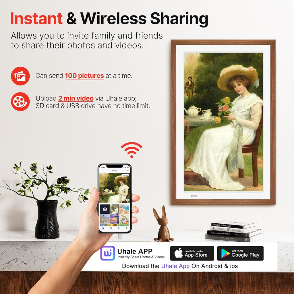 Uhale 21.5" Large Digital Picture Frame with Remote Control, 1920 x 1080 FHD IPS Display Wood WiFi Photo Frames 64GB, Wall Mounted, Auto Rotate, Support USB and SD Card, Instantly Share Photos Videos