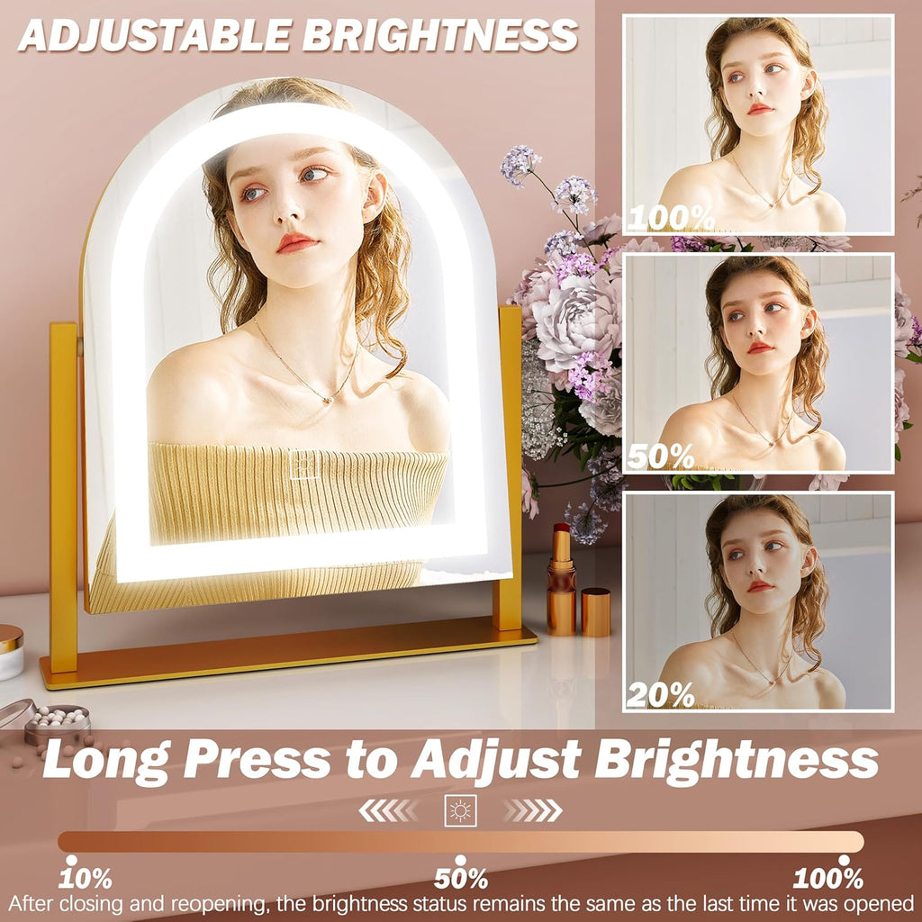 FENNIO Large Vanity Mirror with Lights - 15.5"x13" LED Lighted Makeup Mirror with Lights, 10X Magnification, Touch Screen with 3-Color Lighting, Dimmable, for Vanity Desk Tabletop, Bedroom（Gold）