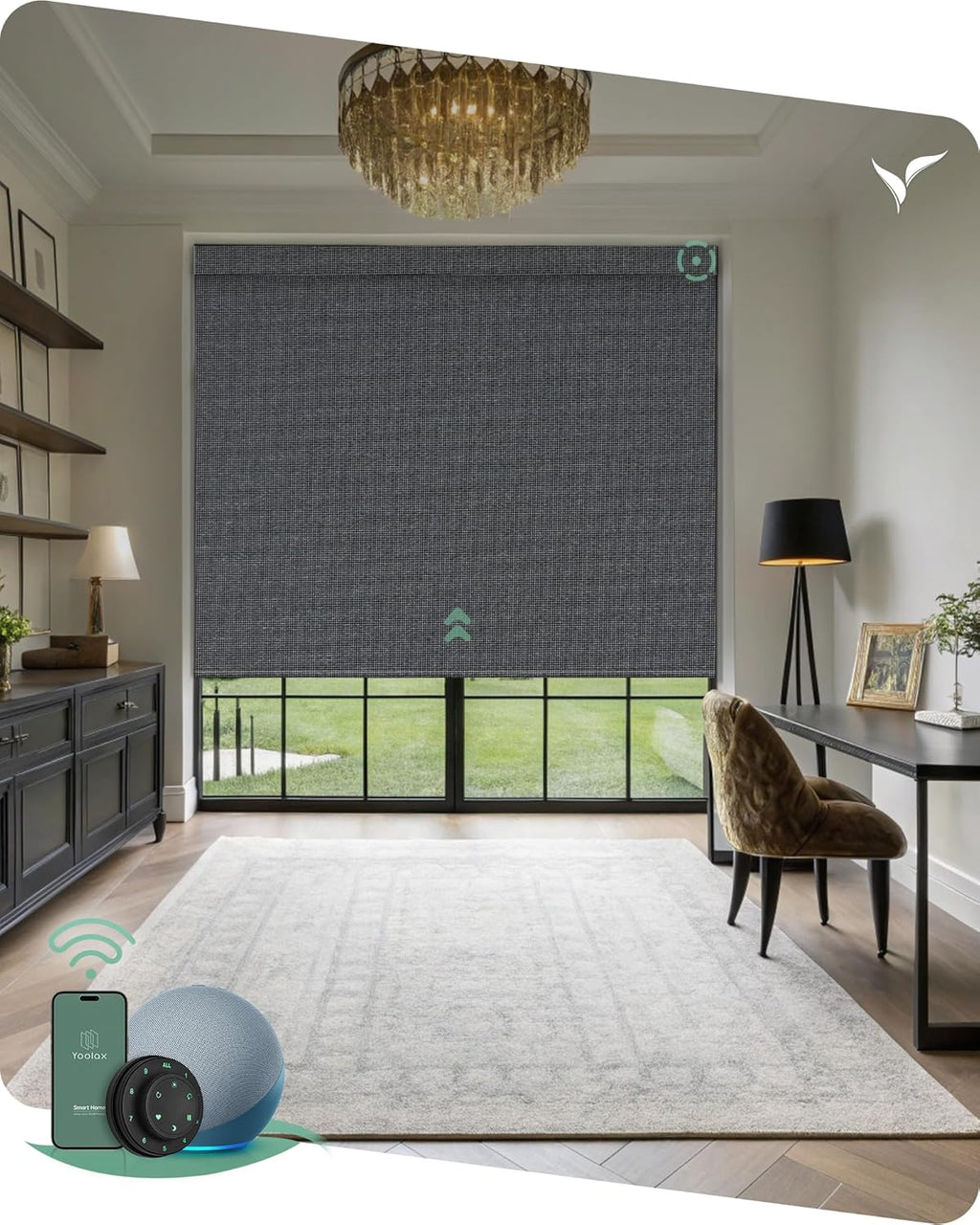 Yoolax Motorized Blinds with Remote, Smart Blinds for Windows Blackout Automatic Shades Compatible with Alexa Remote Control Roller Window Shades with Valance, Custom Size (V-Jungle Grid Black)