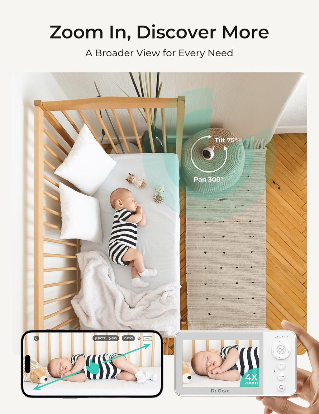 Dr.Care VistaView Lite RB Smart WiFi Baby Monitor - 4” 720P Split Screen & 1080P Camera App Control, Motion Alerts, 2500mAh Removable Battery, HD Night Vision, 2-Way Talk, Multi-User, Triple Security