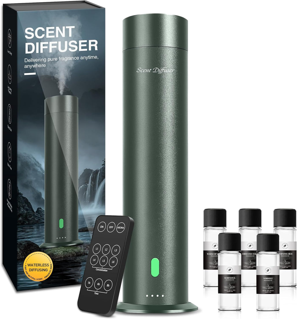 Waterless Scent Diffuser Starter Kit - 1000 Sq Ft Coverage, Hotel Scent Diffuser, Essential Oil Diffuser Large Room, Included 5 Scent Oils, Remote Control, SandGreen
