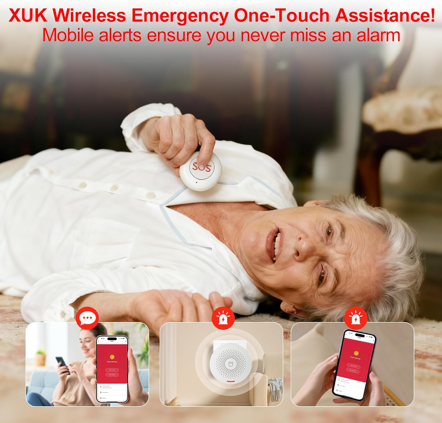 XUK WiFi SOS Caregiver Pager Call Button for Elderly, No Monthly Fee 2.4GHz Wi-Fi APP Control Wireless Nursing Call System with 1 SOS Call Panic Buttons & 1 Watch Pagers & 1 Square Pull Cord Pagers