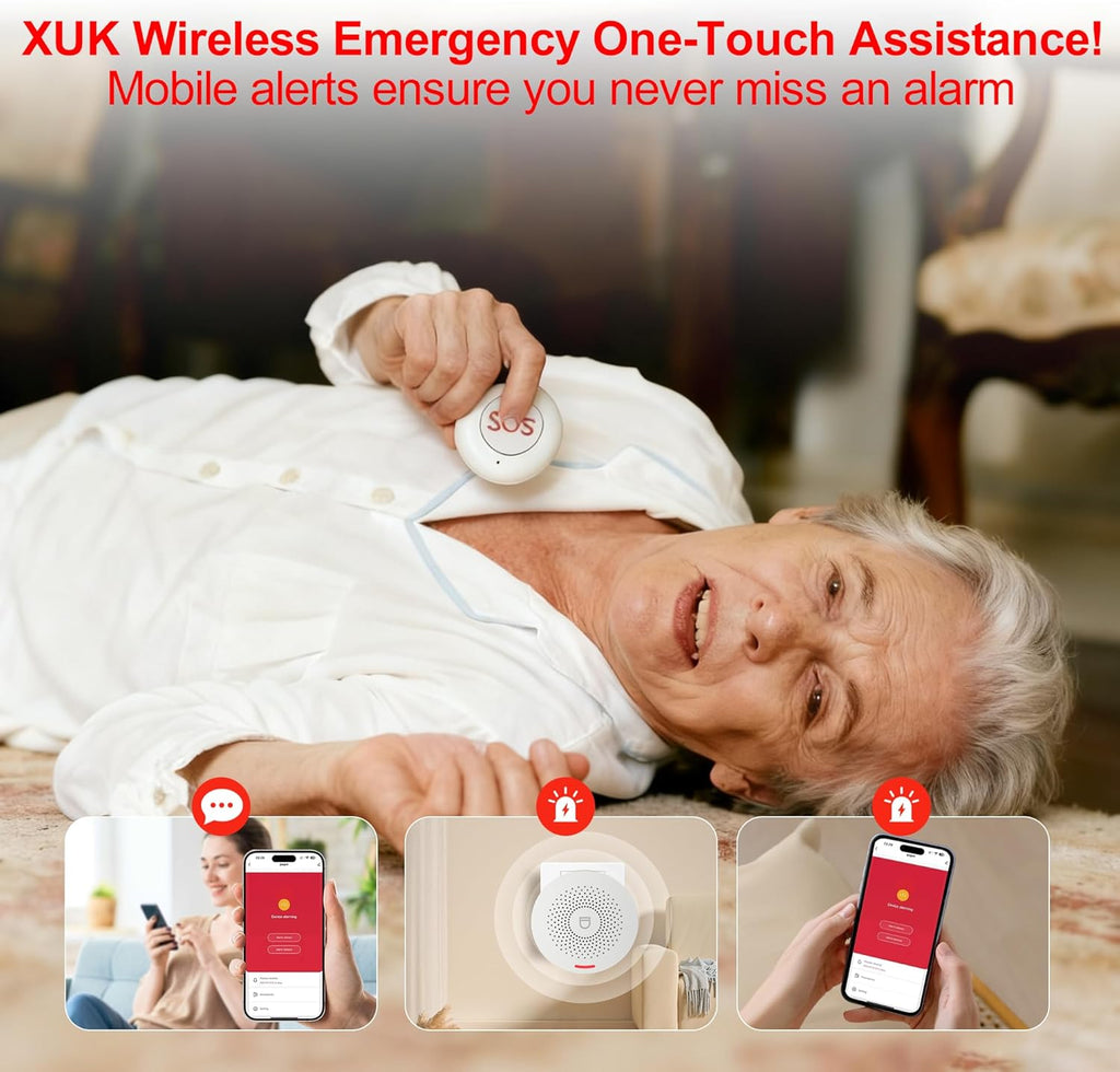 XUK WiFi SOS Caregiver Pager Call Button for Elderly, No Monthly Fee 2.4GHz Wi-Fi APP Control Wireless Nursing Call System with 2 SOS Call Panic Buttons & 2 Watch Pagers & 2 Square Pull Cord Pagers