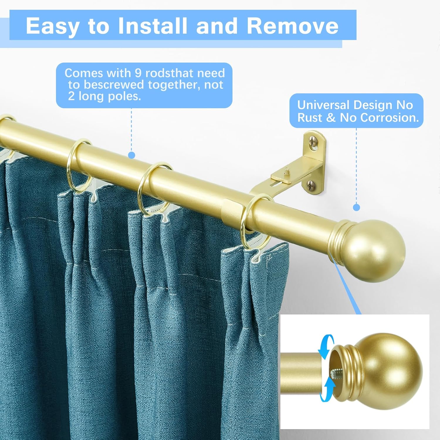 Curtain Rods for Windows 16 to 136 Inches, Curtain Rod Max Adjustable Length of 144 IN, 1" Diameter Drapery Rods Round Finials, Warm Gold, Pack of 1