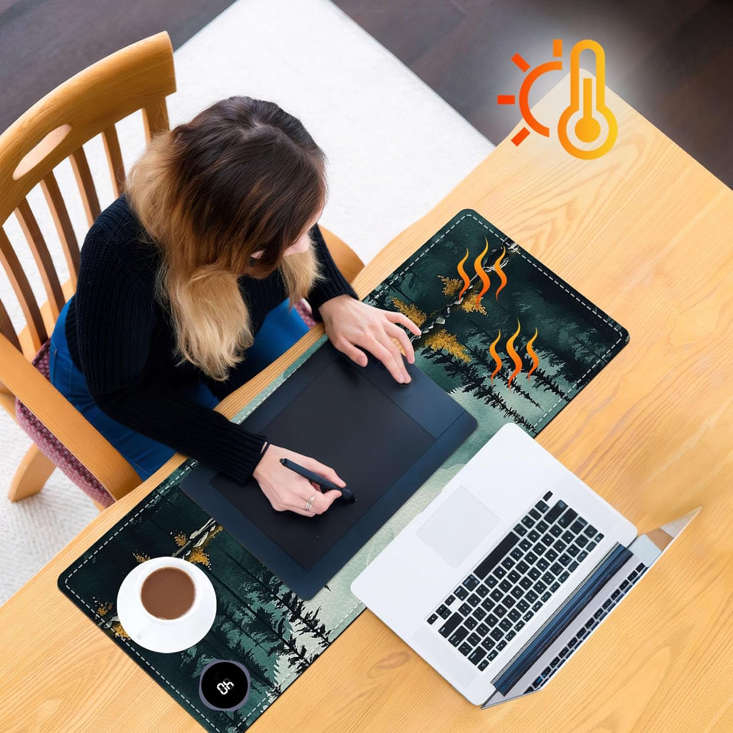 Heated Mouse Pad 31.5x13 in 3-Temp Fast Heating Desk Mat with Auto Timer Warmer for Hands Wrist Pain Relief Waterproof Keyboard Mat for Office, Gaming, Home, Forest Reflections