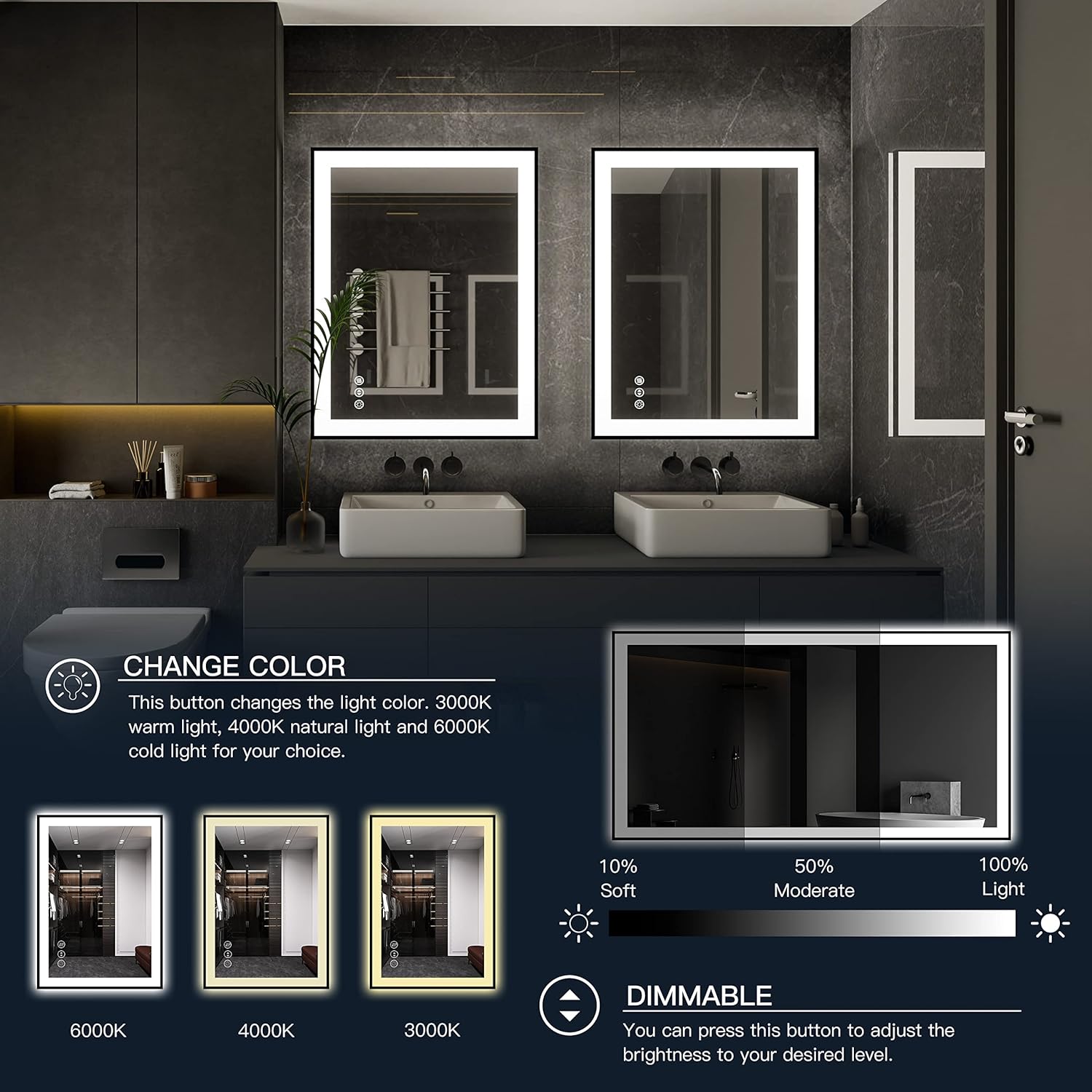 ISKM Framed LED Mirror for Bathroom 48"x36", Dimmable LED Bathroom Mirror with Lights, Anti-Fog, Front and Backlit Lighted Mirror 3-Colors, Shatterproof, Memory Function