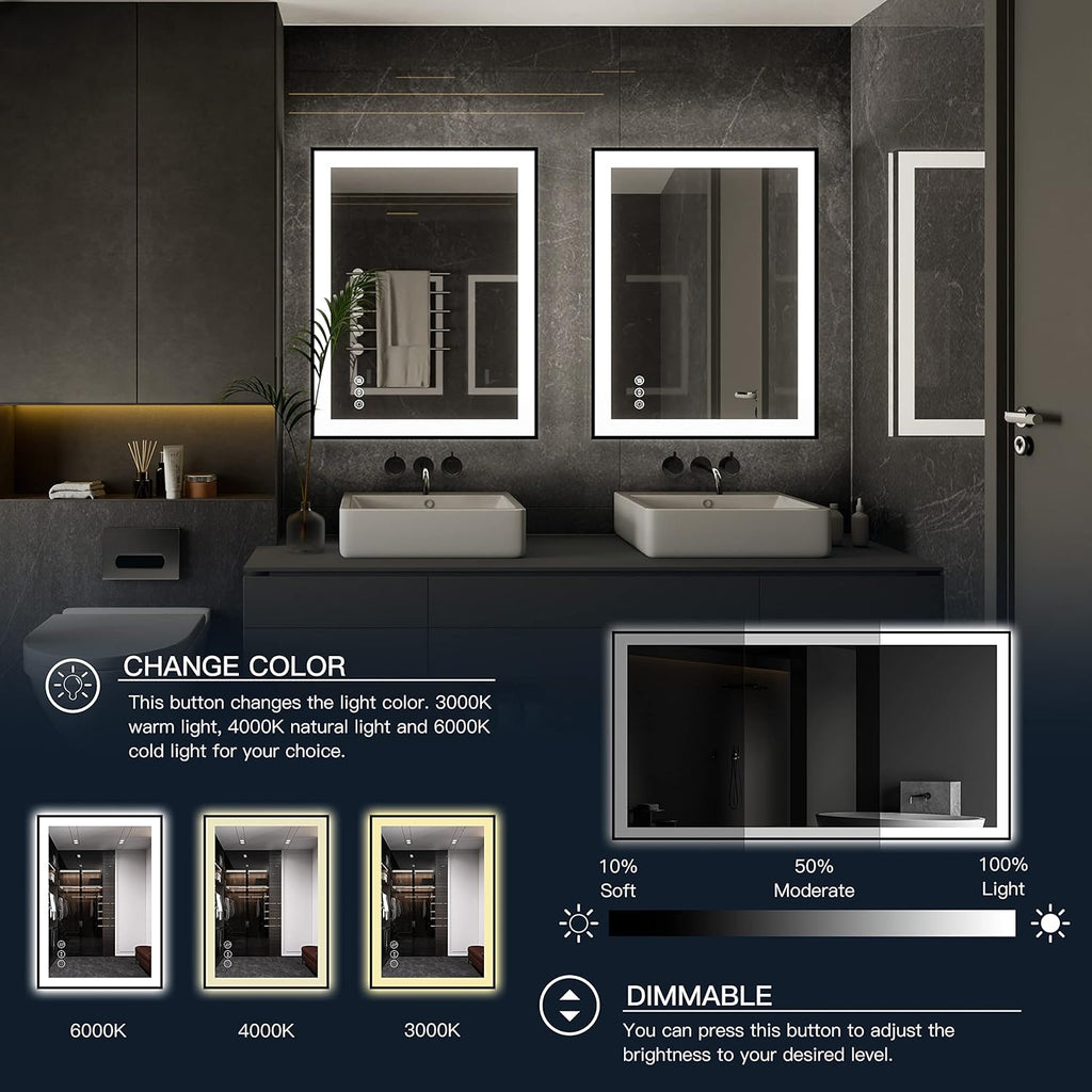 ISKM Framed LED Mirror for Bathroom 36"x36", Dimmable LED Bathroom Mirror with Lights, Anti-Fog, Front and Backlit Lighted Mirror 3-Colors, Shatterproof, Memory Function