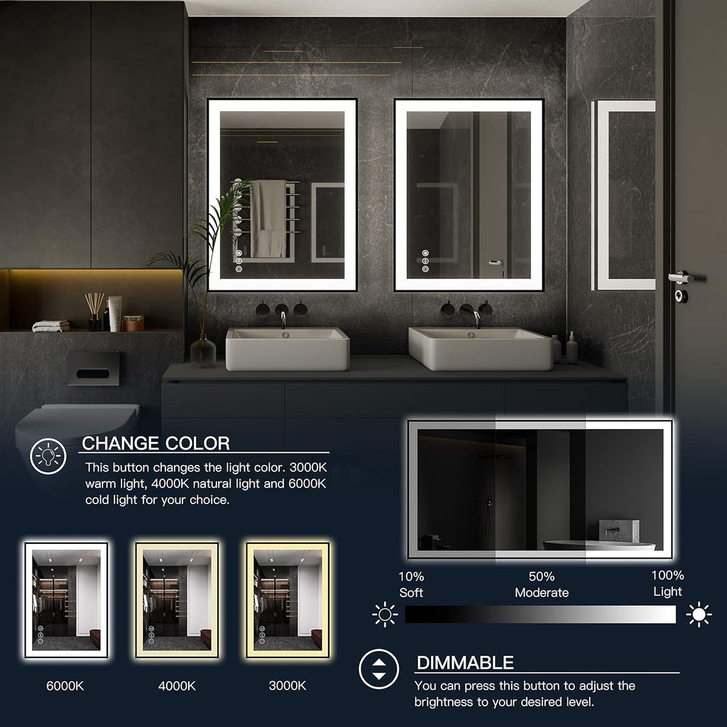 ISKM Framed LED Mirror for Bathroom 60"x28", Dimmable LED Bathroom Mirror with Lights, Anti-Fog, Front and Backlit Lighted Mirror 3-Colors, Shatterproof, Memory Function