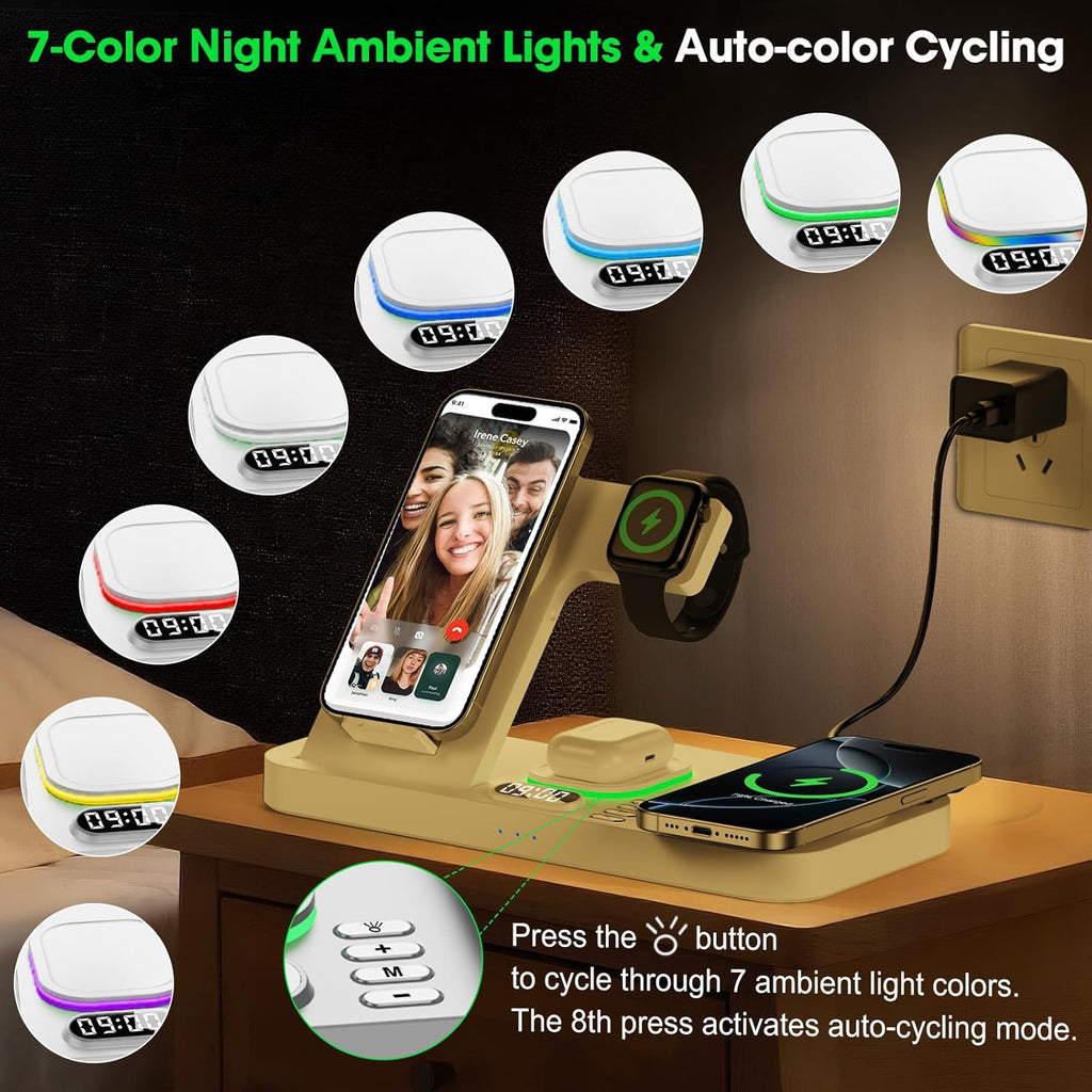 Dual Phone Wireless Charging Station for Apple Devices, Magnetic Charging Station for iPhone with Auto Switch 7-Color Light&Clock, Family Watch Charger for iPhone17 for iWatch11 for AirPods Pro3(Cream