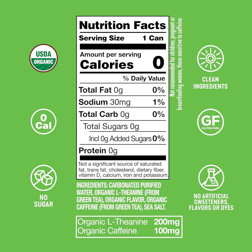 ARDOR Sparkling Water with 100mg Natural Caffeine & 200mg L-Theanine from Organic Green Tea for Smooth Energy & Focus | No Sugar, 0 Calories | Vegan, Gluten-Free | Mexican Lime - 12 Ct