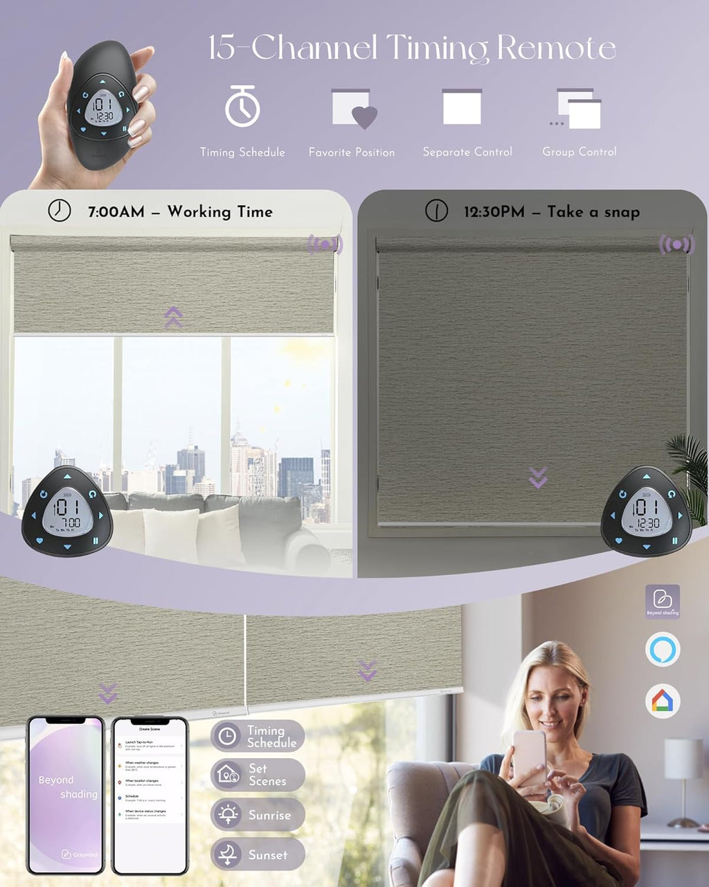 Graywind Smart Blackout Roller Shades Work with Alexa Google Textured Fabric Rechargeable Motorized Blinds Cordless Remote Control Window Shades, Custom Size (Frequency Sand)