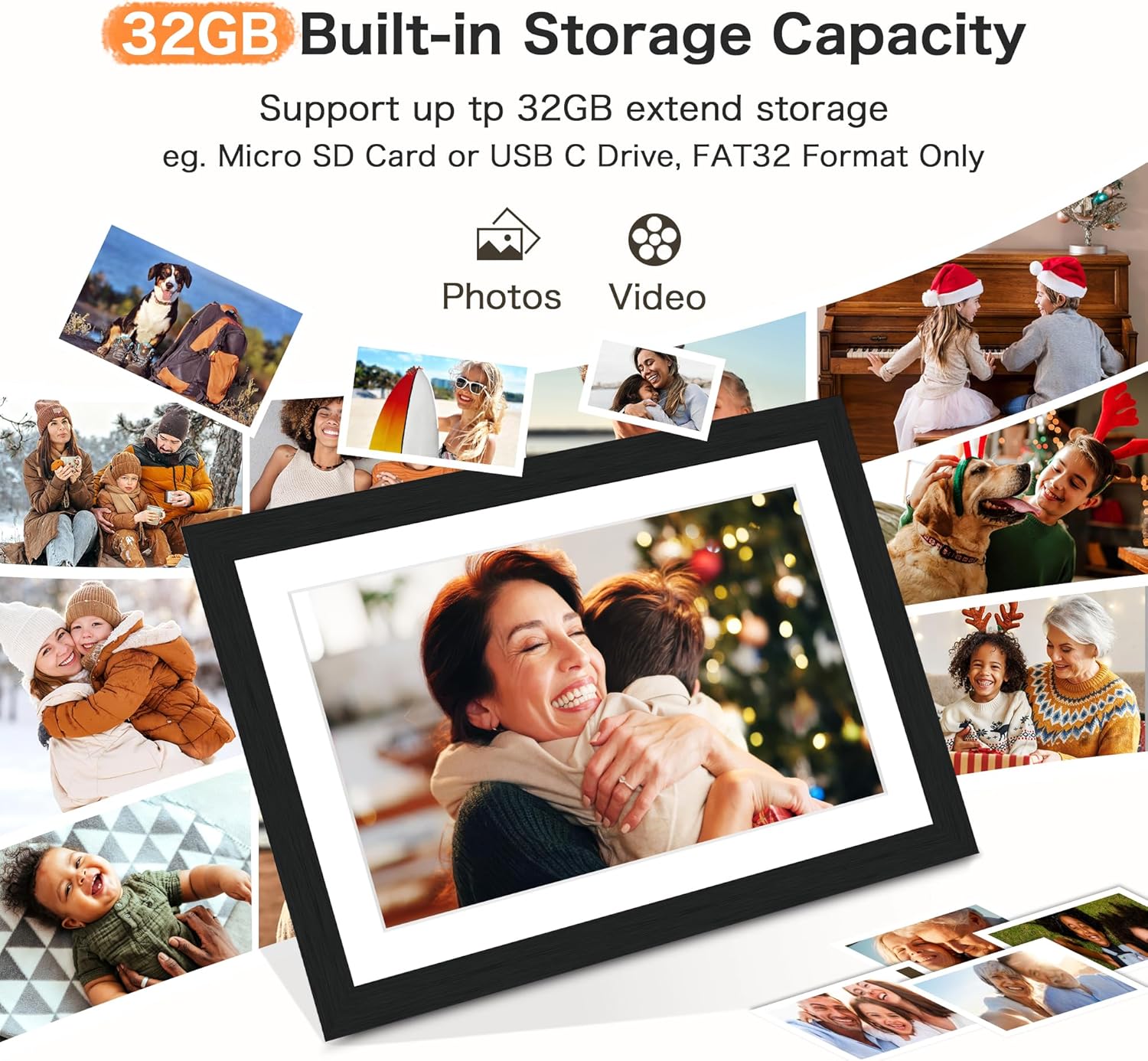 Digital Picture Frame, Frameo Digital Photo Frame WiFi, 10.1 Inch Electric Frame 1280 * 800IPS Touch Screen, 32GB Memory, Auto-Rotate, Share Videos Pictures, Gifts for Women, for Mom, Black Wooden