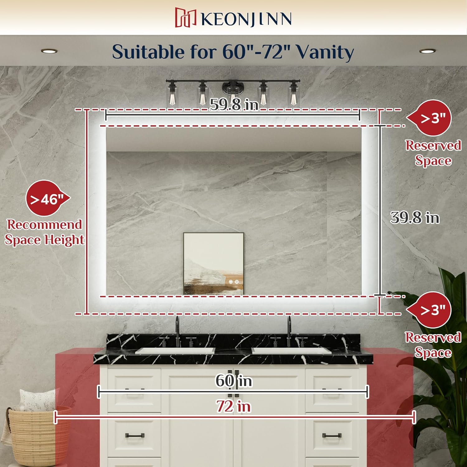 Keonjinn Bathroom Mirror with Lights 60 x 40 Inch, LED Mirror with Backlit, Anti Fog Lighted Mirror with Stepless Dimmable, UL Listed LED Driver, Waterproof, CRI90+, HD Tempered Glass