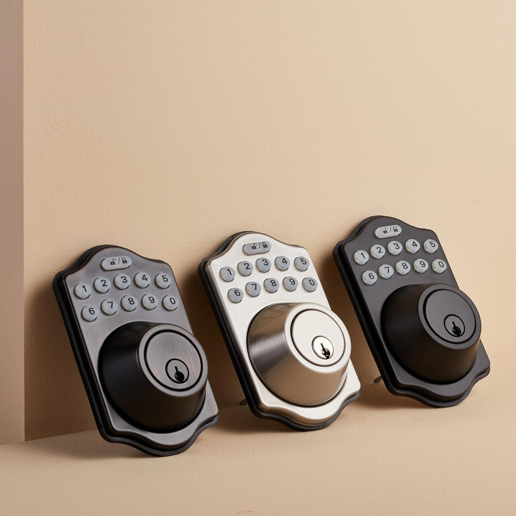 Amazon Basics Traditional Electronic Keyless Keypad Deadbolt Door Lock, keyless Entry Door Lock, Keyed Entry Option, 1-Pack, Satin Nickel
