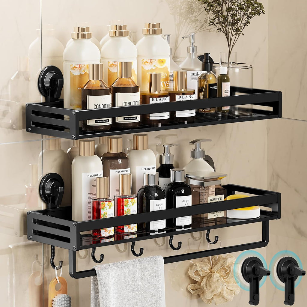 Shower Caddy Suction Cup, 11.8 inch 2 Pack Suction Shower Shelf with Hooks NO-Drilling Bathroom Holder, Rustproof Bathroom Organizer, Black,Includes 2 Extra Suction Cups for Replacement Use