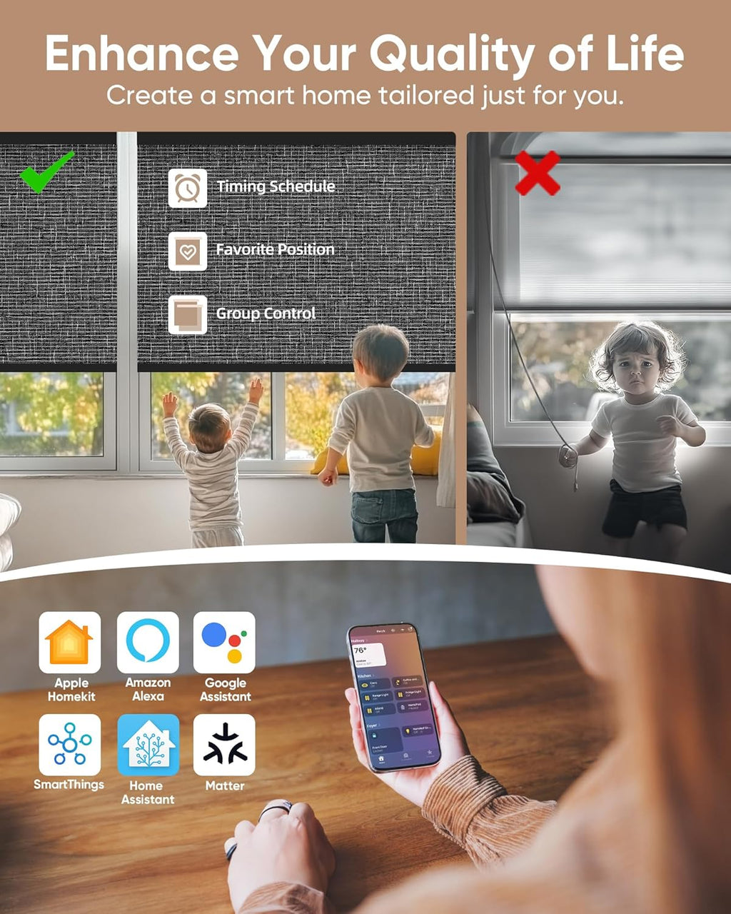 Kincmo Motorized Blinds with Remote,100% Blackout Motorized Roller Shades Work with Apple Homekit,Alexa,Google, Custom Electric Blinds with App,Voice Control (Classic Dark Grey)