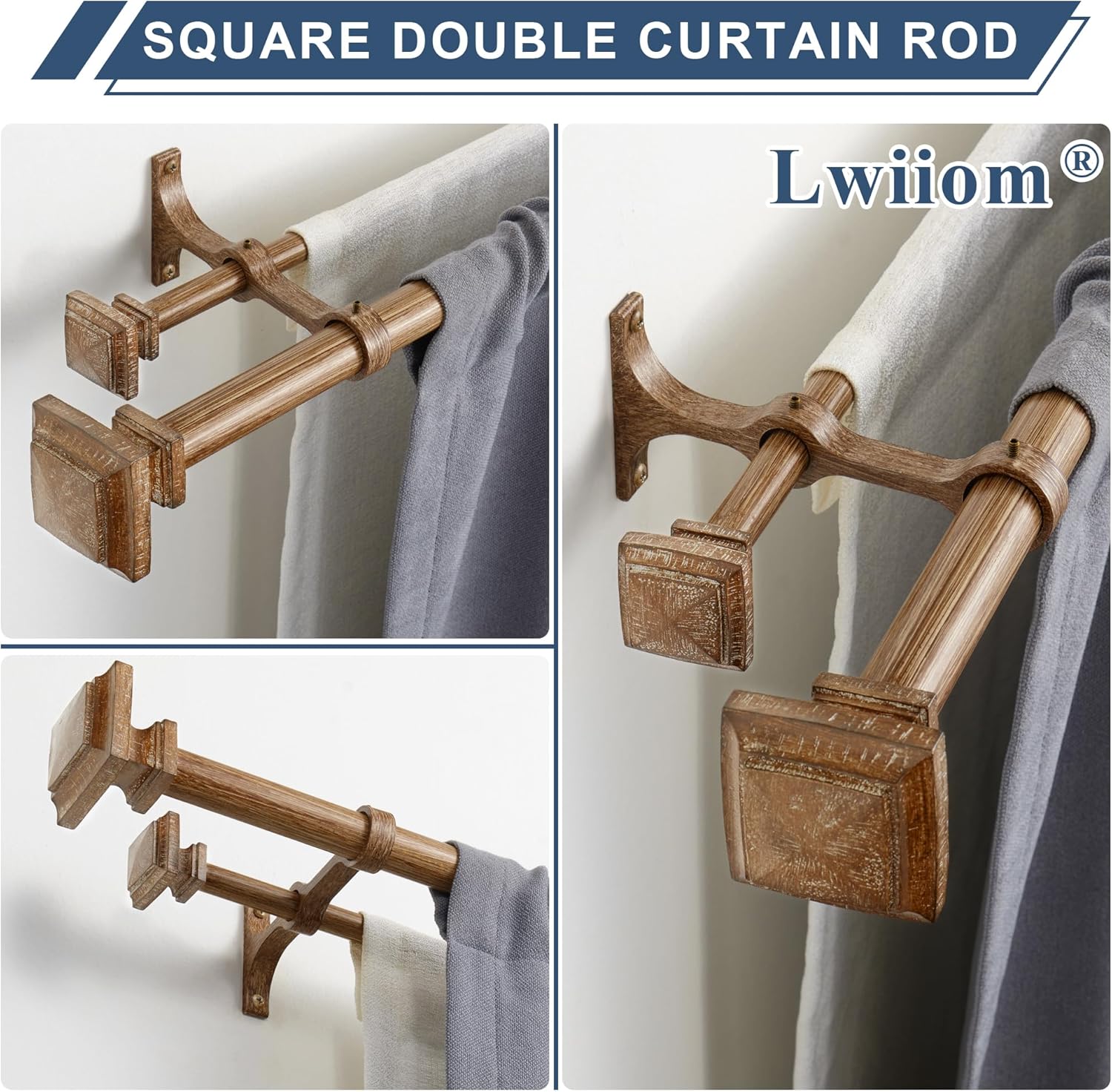 Double Wood Curtain Rods for Windows 72 to 144 Inches,1 Inch Decorative Wooden Curtain Rod with Square Imitation Wood Grain Finials and Double Aluminum Bouquet Bracket, Coffee Brown Wood Grain