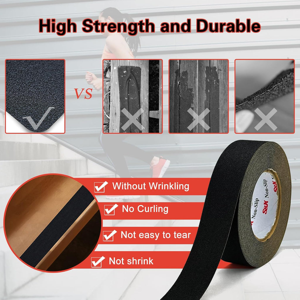 S&X Non Slip Tape 1 1/2 INCH x 60 FT Grip Tape for Stairs, Steps Waterproof and Durable, Black