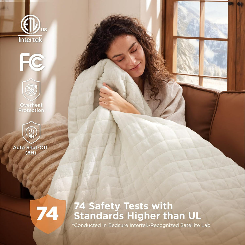 Bedsure Electric Blanket King Size - Quilted Winter Bedding of Thick Flannel, Dual Control Heated Blanket with 10 Heat & 10 Time Settings, Fast Heating for Cold Sleepers (100x90 inches, Ivory)