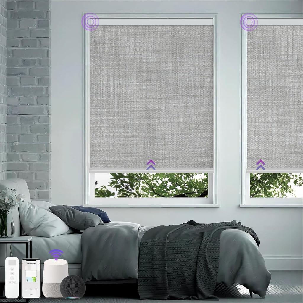 Astomi Motorized Roller Shades for Windows, Blackout Automatic Blinds with Remote, Smart Blinds, Voice Control, Compatible with Alexa, Google, Custom Size (Woven Grey)